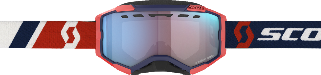 Scott Fury snow goggles with red and blue frame, enhancer blue chrome lens, designed for winter sports and visibility.