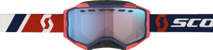 Scott Fury snow goggles with red and blue frame, enhancer blue chrome lens, designed for winter sports and visibility.