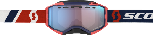 Scott Fury snow goggles with red and blue frame, enhancer blue chrome lens, designed for winter sports and visibility.