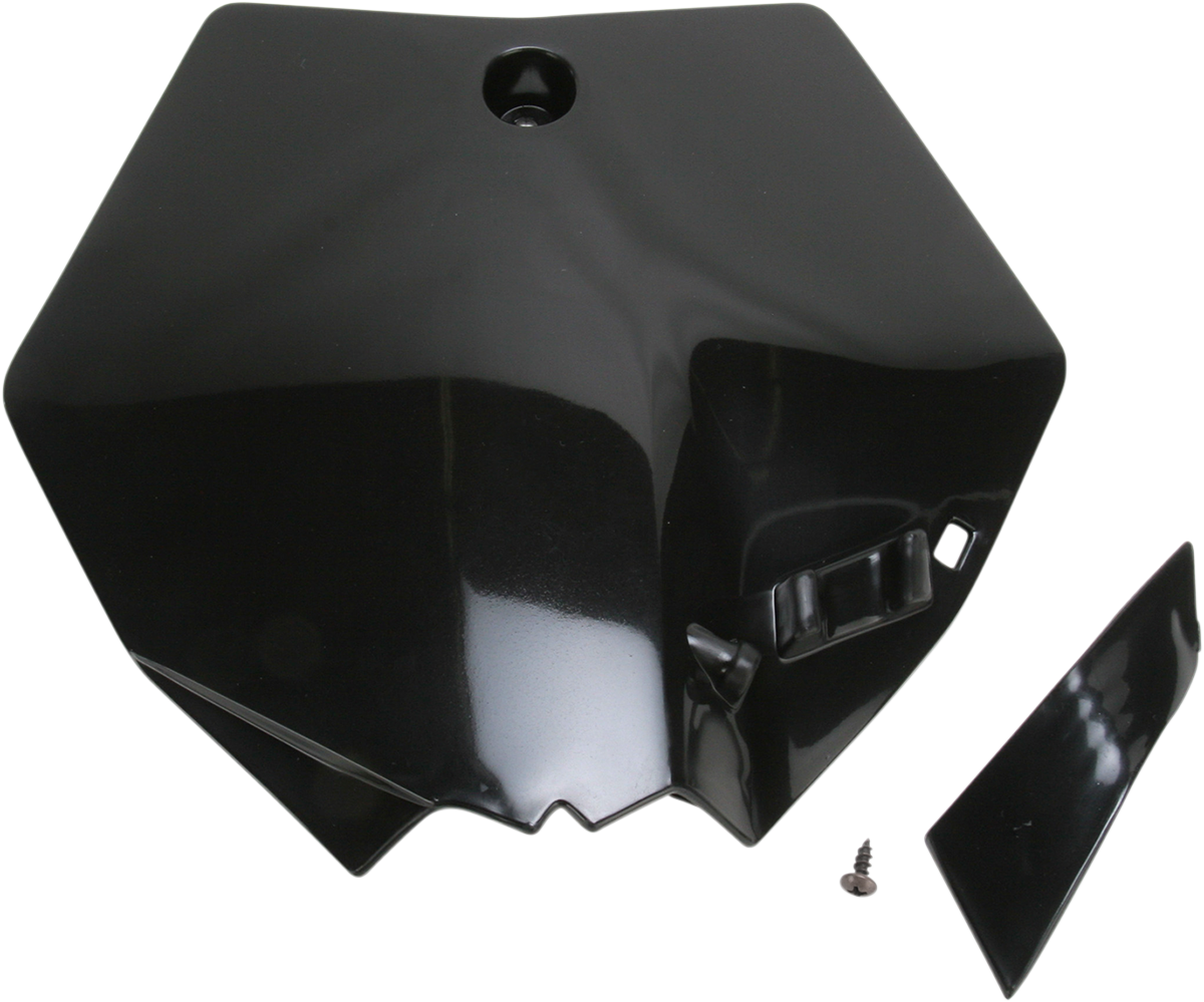 Black Acerbis front number plate for motorcycles, made by Bill's Exhausts, with a sleek body design and mounting hardware visible.