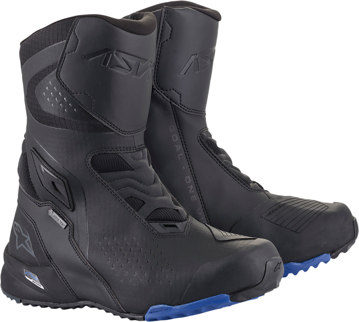 Alpinestars RT-8 Gore-Tex® motorcycle boots in black and blue, US 12.5, EU 48, featuring durable leather and waterproof design.