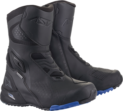 Alpinestars RT-8 Gore-Tex® motorcycle boots in black and blue, US 12.5, EU 48, featuring durable leather and waterproof design.