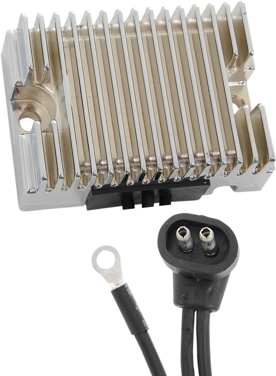 Chrome voltage regulator for Harley Davidson Evolution Big Twin '89-'99, by DRAG SPECIALTIES, with visible mounting and wiring details.