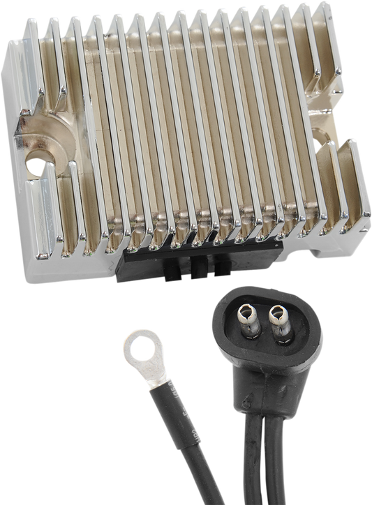 Chrome voltage regulator for Harley Davidson Evolution Big Twin '89-'99, by DRAG SPECIALTIES, with visible mounting and wiring details.
