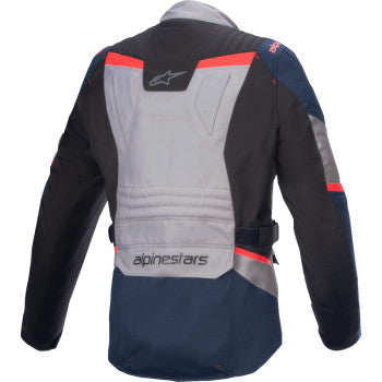 Alpinestars ST-1 WP jacket in dark blue, black, and bright red with visible waterproof fabric and zipper details.