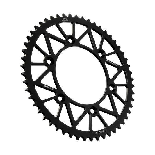 Black JT Rear RaceLite 53T aluminum sprocket for 520 chain, designed for high-performance motorcycle or bike drivetrain.