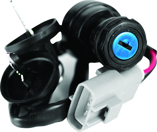 QuadBoss Yamaha Raptor & Warrior ignition switch replacement, black plastic switch with key slot and wiring connector.