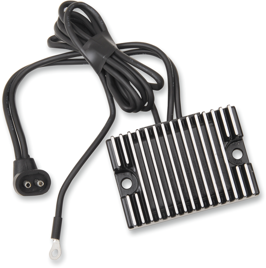 Black regulator for '89-'99 Evolution Big Twin motorcycle, designed by Drag Specialties, shown in the image.