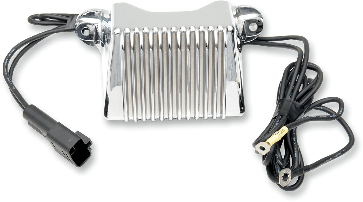 Chrome voltage regulator for Harley-Davidson FL 1999-2001 by Drag Specialties, with visible chrome finish and electrical connectors.