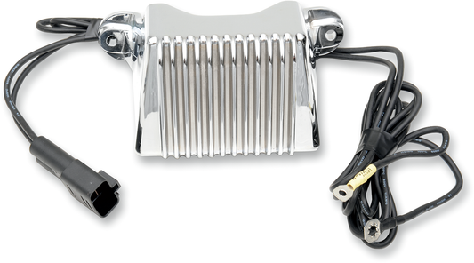 Chrome voltage regulator for Harley-Davidson FL 1999-2001 by Drag Specialties, with visible chrome finish and electrical connectors.