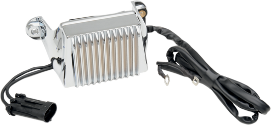 Chrome voltage regulator for 2002-2003 FL Harley-Davidson models by DRAG SPECIALTIES, detailed with mounting hardware.