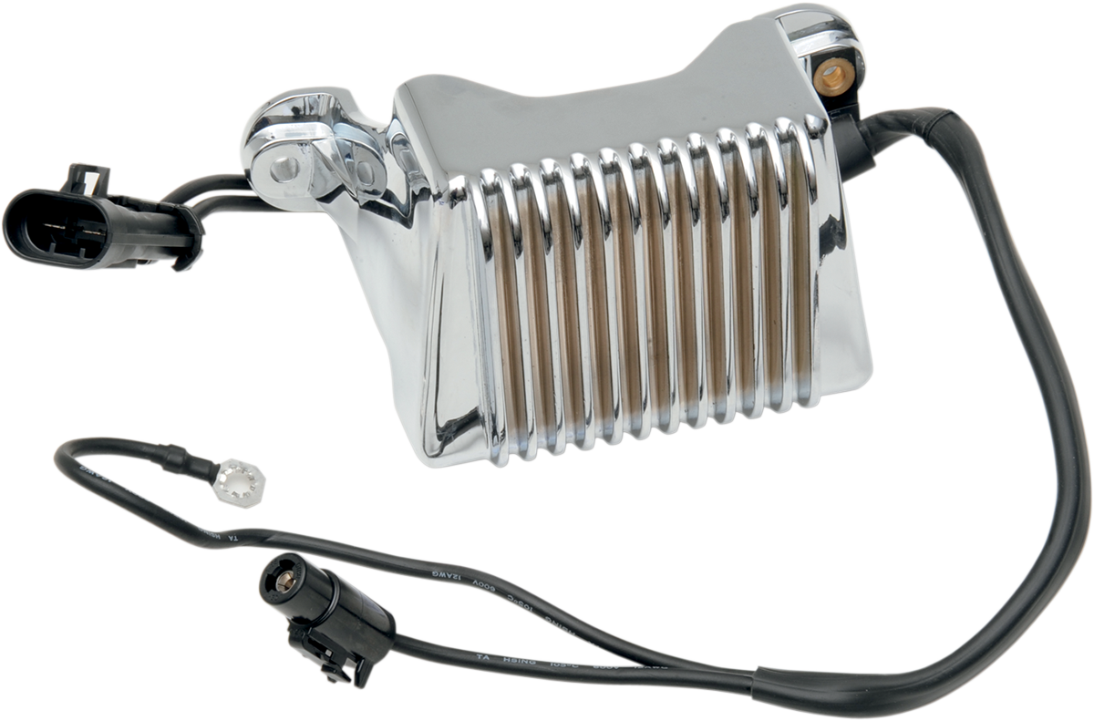 Chrome voltage regulator for '04-'05 FL Harley-Davidson models by DRAG SPECIALTIES, with visible mounting components.