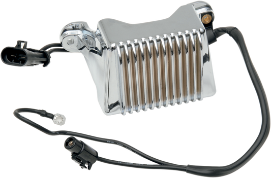 Chrome voltage regulator for '04-'05 FL Harley-Davidson models by DRAG SPECIALTIES, with visible mounting components.