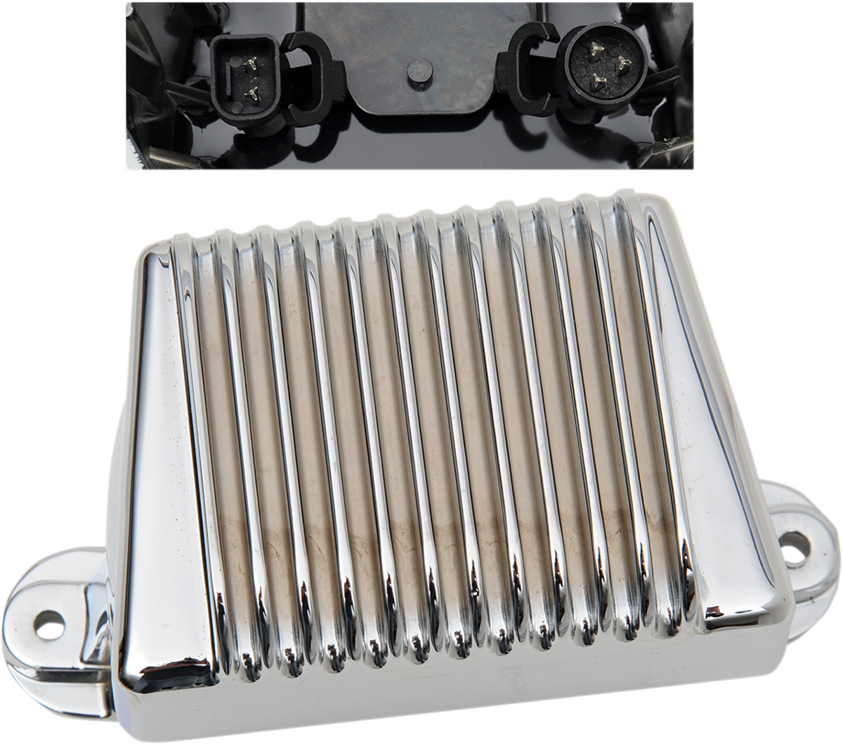 Chrome voltage regulator for Harley-Davidson FL models 2006-2008 by Drag Specialties, with visible chrome finish and electrical connections.