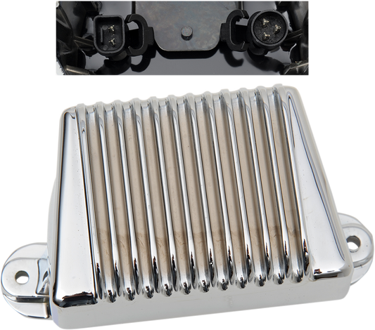 Chrome voltage regulator for Harley-Davidson FL models 2006-2008 by Drag Specialties, with visible chrome finish and electrical connections.