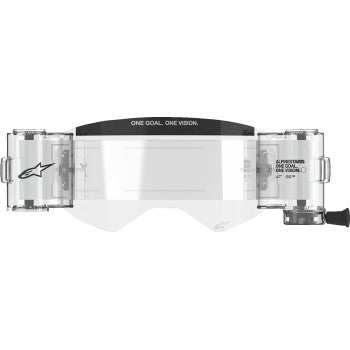 Alpinestars Supertech motocross goggles with wide clear roll-off film kit, featuring adjustable strap and durable frame.