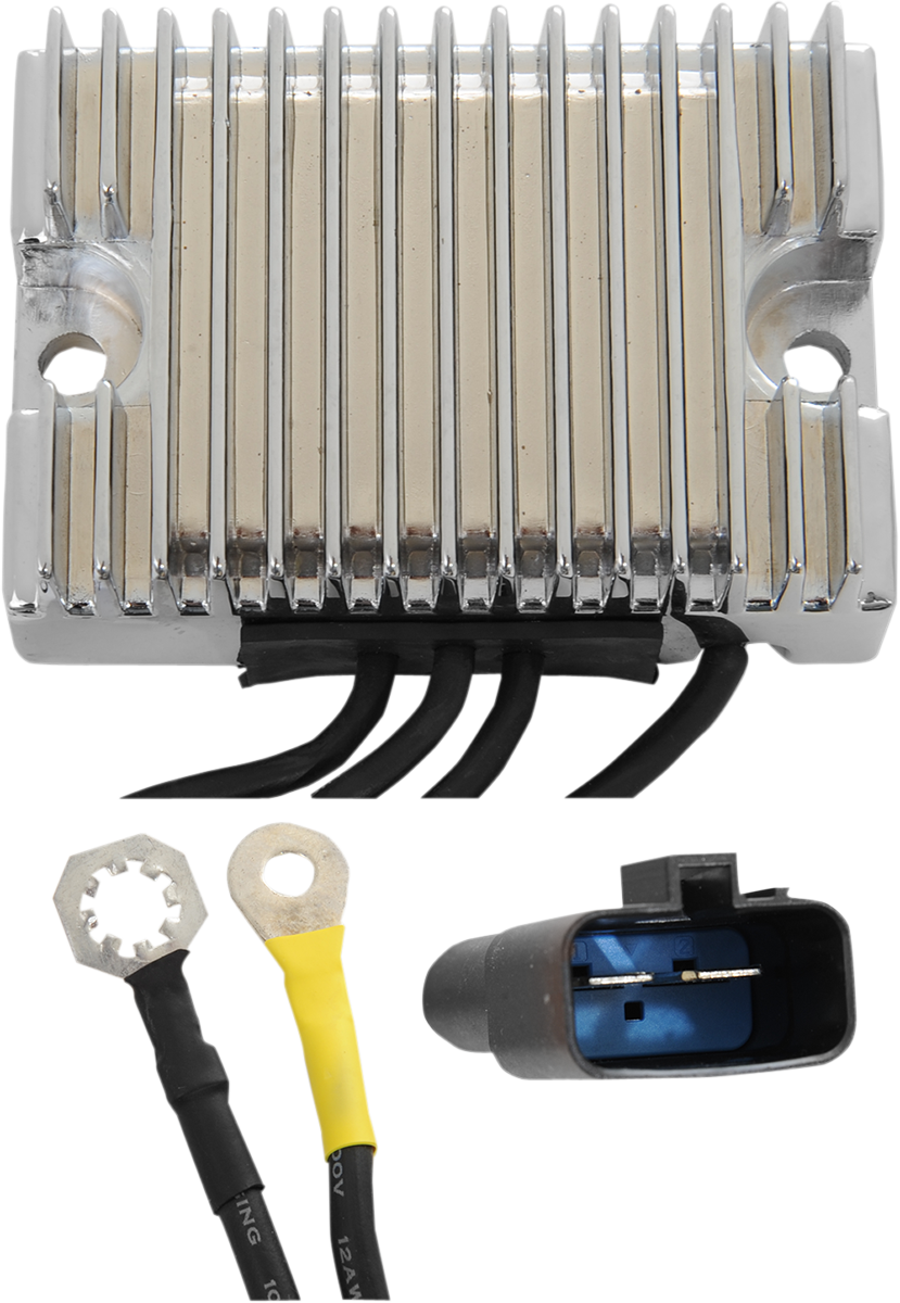 Chrome voltage regulator for 1999-2003 FXD Harley-Davidson models by DRAG SPECIALTIES, with mounting hardware visible.