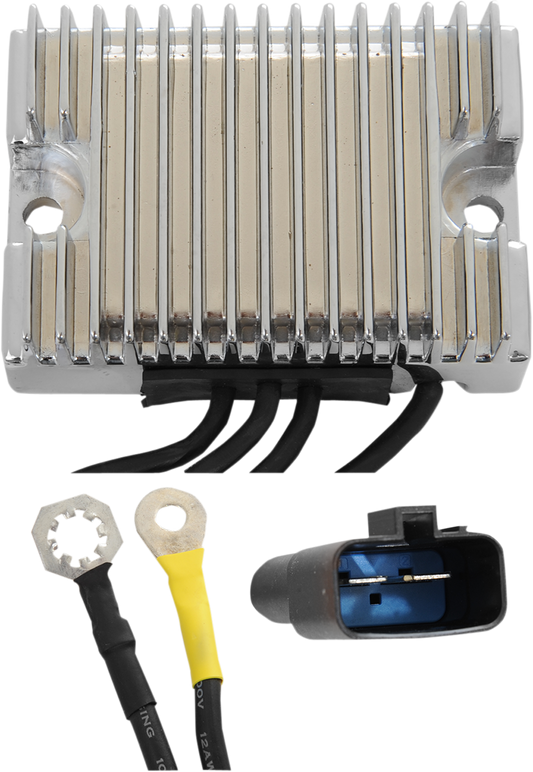 Chrome voltage regulator for 1999-2003 FXD Harley-Davidson models by DRAG SPECIALTIES, with mounting hardware visible.