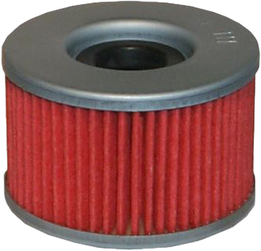 HIFLOFILTRO HF111 motorcycle oil filter showing metal exterior and filter element for high-performance engine protection