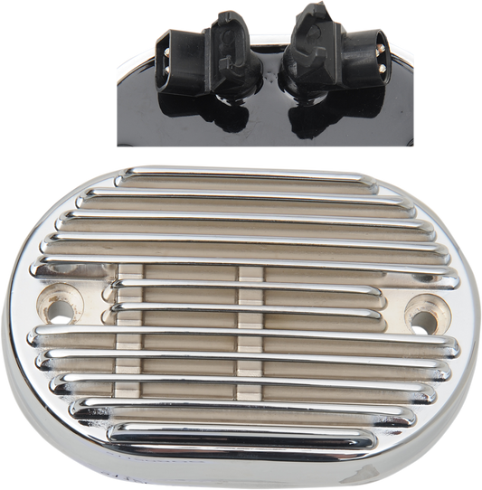 Chrome voltage regulator for 2011-2016 Harley-Davidson FXS/FLST models by Drag Specialties, shown in the image.