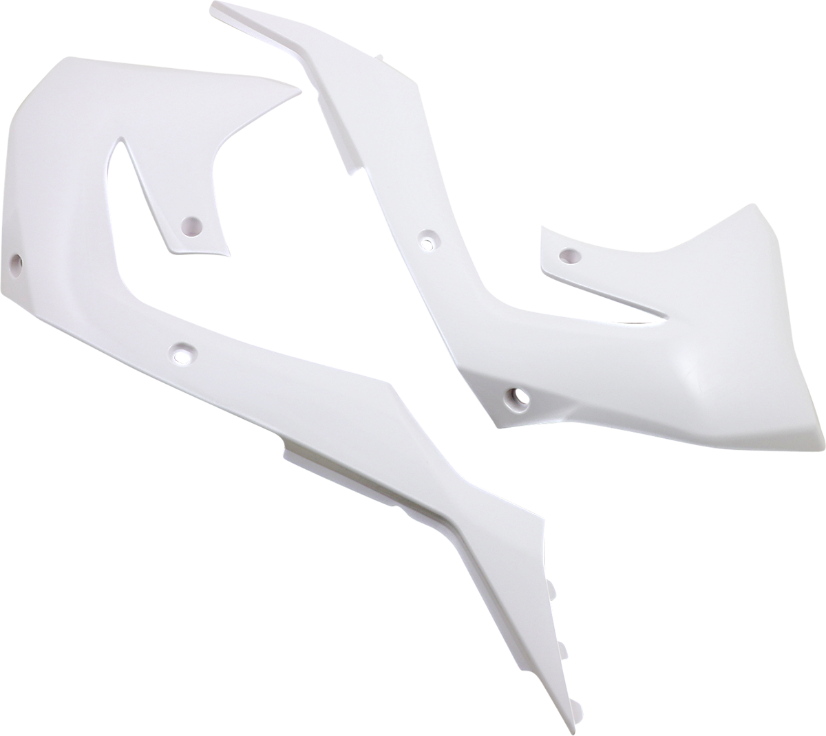 White Acerbis radiator shrouds for motorcycle body, designed for compatibility with Bill's Exhausts models.