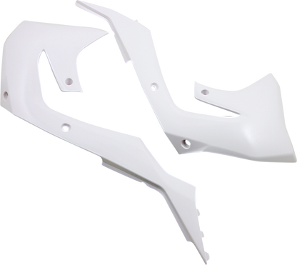 White Acerbis radiator shrouds for motorcycle body, designed for compatibility with Bill's Exhausts models.