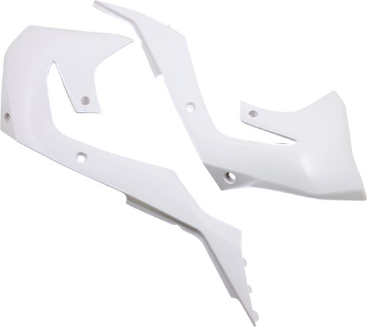 White Acerbis radiator shrouds for motorcycle body, designed for compatibility with Bill's Exhausts models.