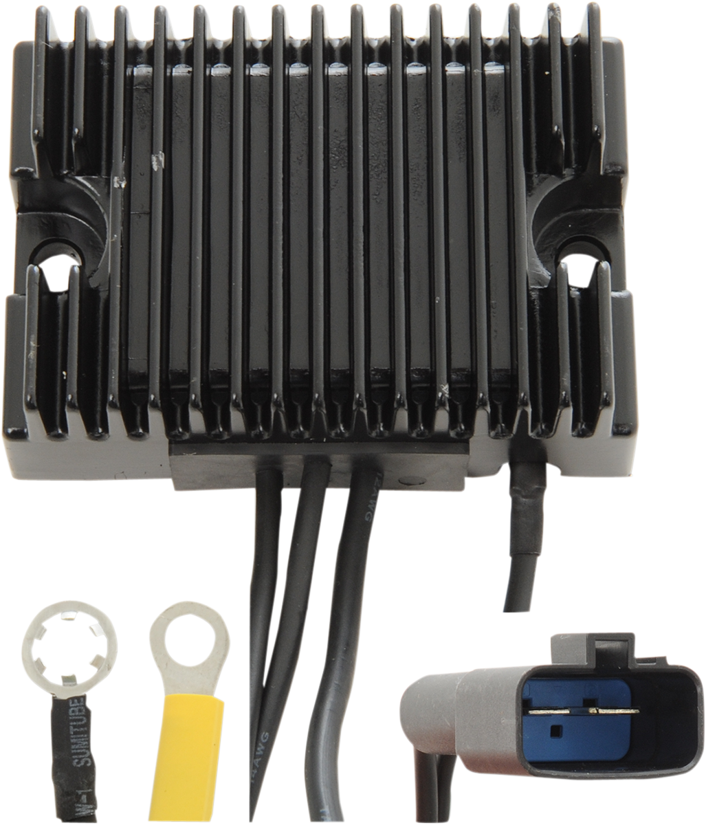 DRAG SPECIALTIES 74512-00 voltage regulator for 2000 FX and FLST motorcycle models, showing the compact electronic component.