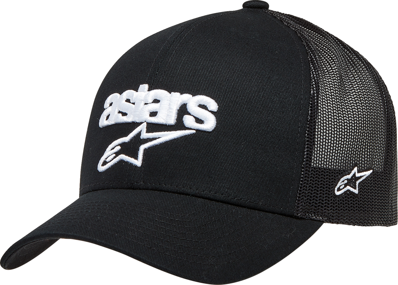 Black and white Alpinstars Pedigree hat with curved brim and adjustable strap, one size fits most, stylish and comfortable headwear.