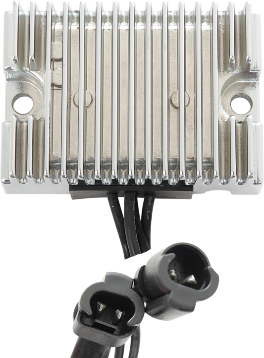 Chrome voltage regulator for Harley-Davidson XL motorcycles, part #74711-08C, from DRAG SPECIALTIES, with visible chrome finish.