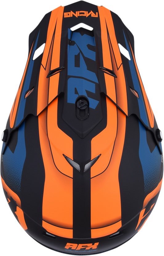AFX FX-17 Peak helmet by Bill's Exhausts in matte black with orange and blue accents, featuring a sleek aerodynamic design.