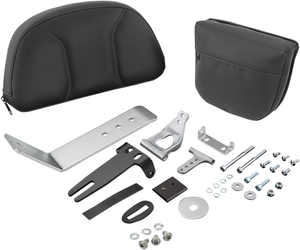 Bill's Exhausts SHOW CHROME Detachable Smart Mount Backrest for Can-Am F3 engine, mounted on motorcycle seat.