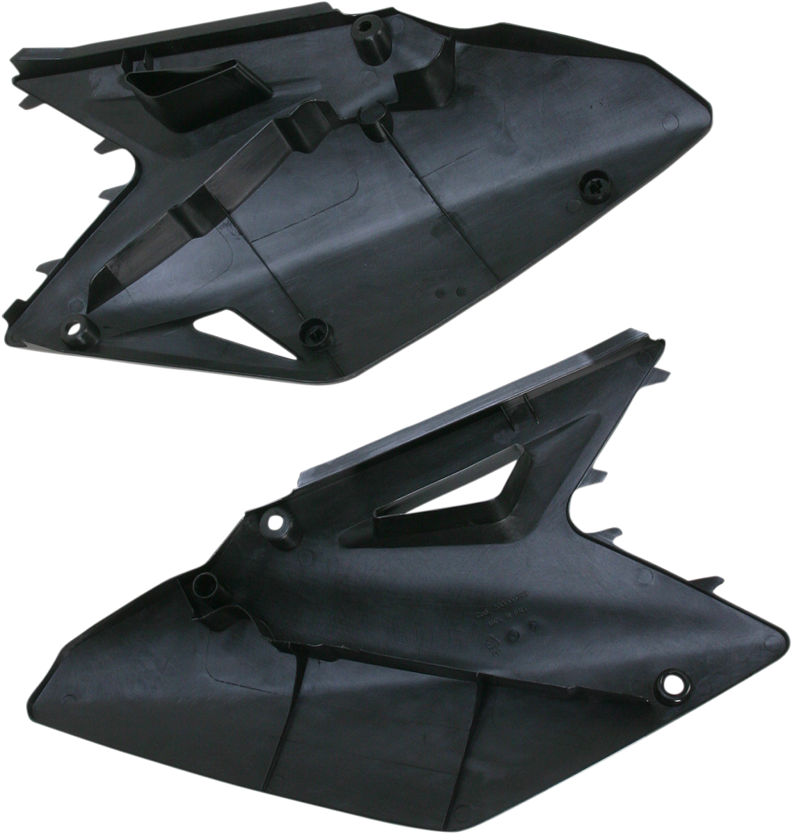 Black Acerbis side panels for motorcycle body, designed for a sleek fit and durable protection.