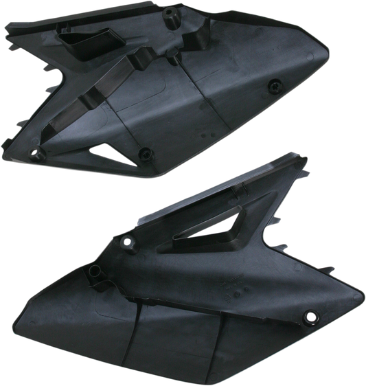 Black Acerbis side panels for motorcycle body, designed for a sleek fit and durable protection.