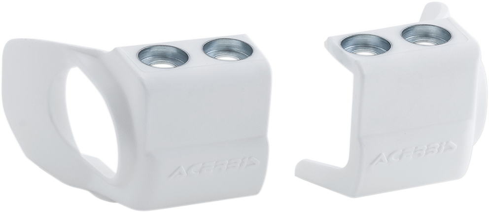 White ACERBIS shoe protectors for inverted forks, designed for motorcycle suspension, with Bill's Exhausts branding visible.