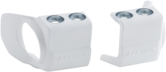 White ACERBIS shoe protectors for inverted forks, designed for motorcycle suspension, with Bill's Exhausts branding visible.