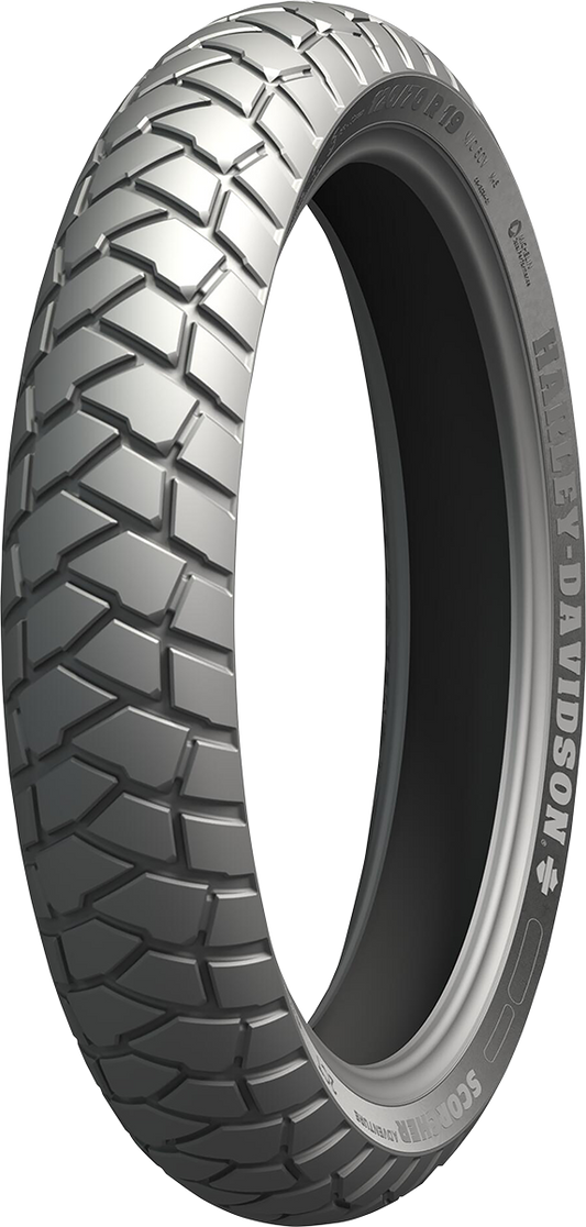 Michelin Scorcher Adventure front motorcycle tire 120/70R19 with 60V rating, featuring tread pattern suitable for adventure riding.