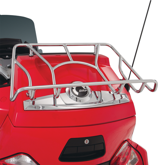 Chrome Show Chrome Tour Trunk Luggage Rack mounted on motorcycle engine, designed for Bill's Exhausts Show Chrome Tour Trunk.