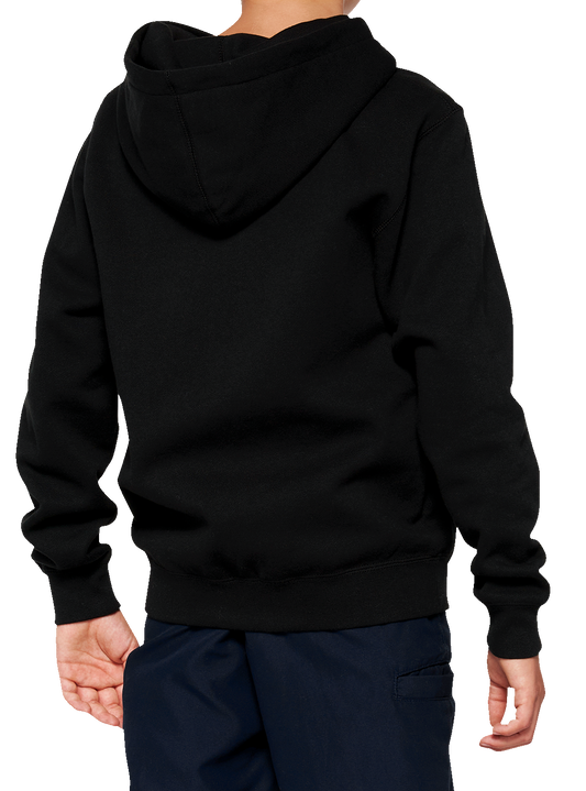 Black 100% Youth Official Zip Hoodie by Bill's Exhausts, large size, with front zipper and logo embroidery.