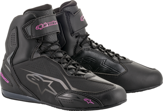 Alpinestars Stella Faster-3 black and pink motorcycle shoes with ankle support and sporty design, US size 11.5.