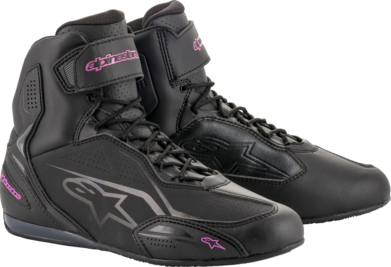 Alpinestars Stella Faster-3 black and pink motorcycle shoes, US size 6, with sleek design and reinforced sole for safety.