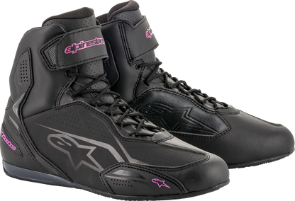 Alpinestars Stella Faster-3 black and pink motorcycle shoes, US size 6, with sleek design and reinforced sole for safety.