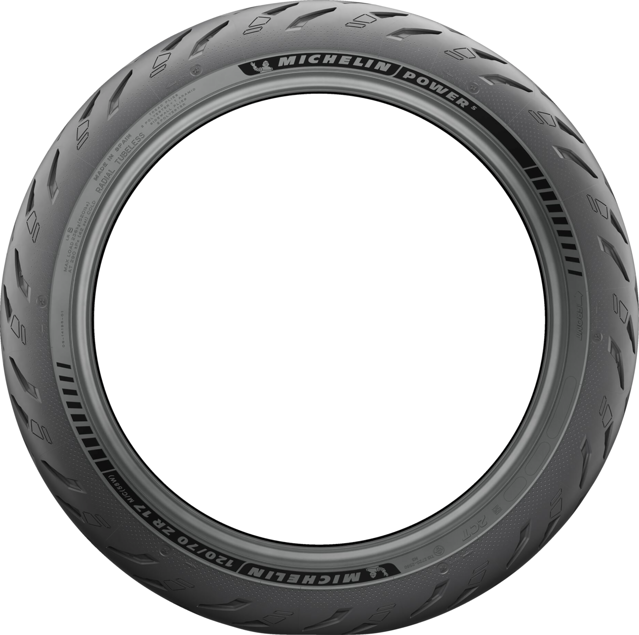 Michelin Power 5 front motorcycle tire, 120/70ZR17 size with 58W load rating, shown with tread pattern and sidewall details