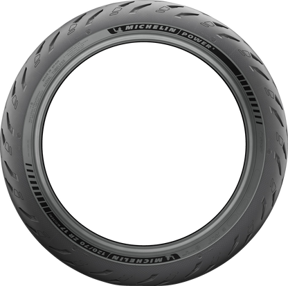 Michelin Power 5 front motorcycle tire, 120/70ZR17 size with 58W load rating, shown with tread pattern and sidewall details