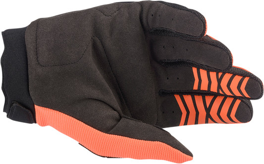 Alpinestars Youth Full Bore motorcycle gloves in orange and black, medium size, featuring protective knuckles and adjustable wrist strap.