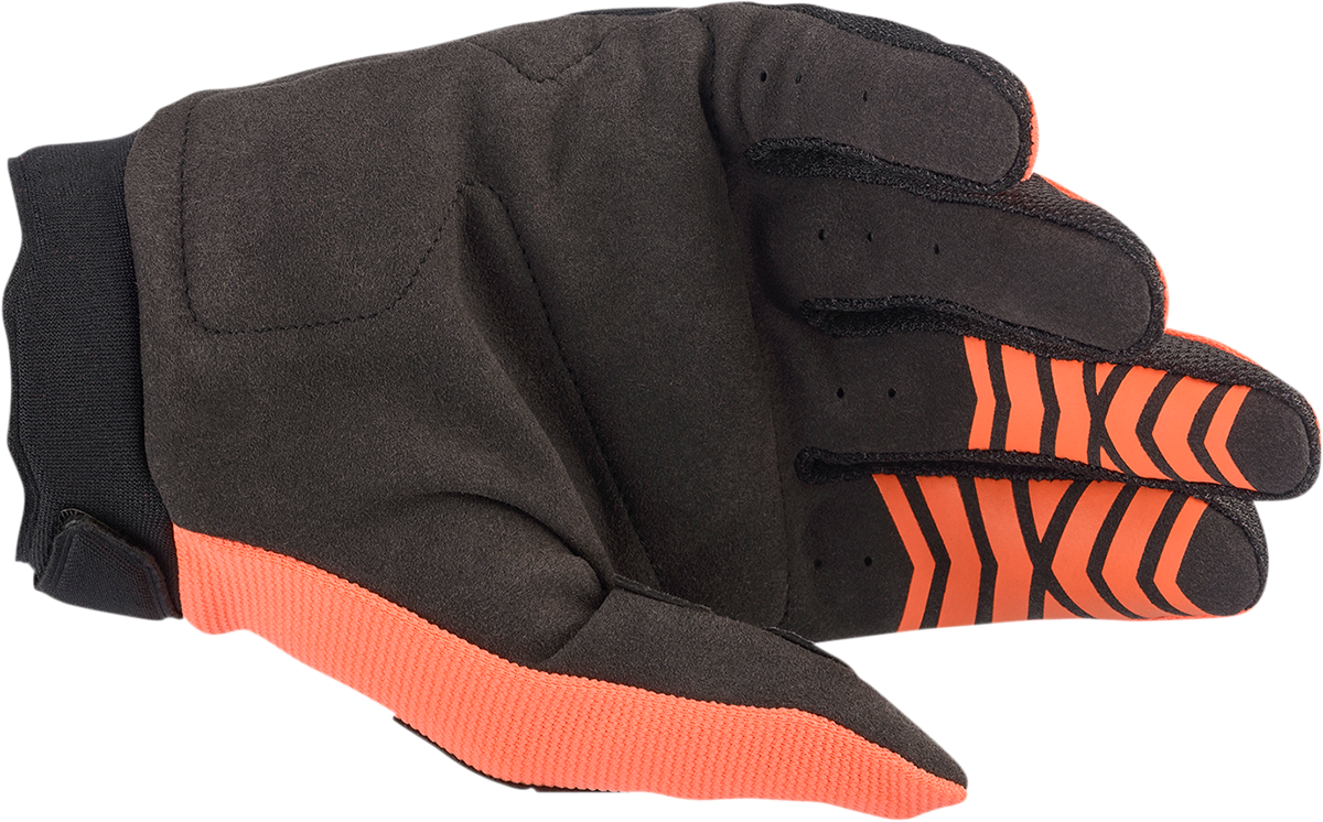 Alpinestars Youth Full Bore gloves in orange and black, large size, featuring protective knuckles and adjustable wrist straps.
