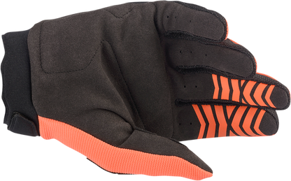 Alpinestars Youth Full Bore gloves in orange and black, large size, featuring protective knuckles and adjustable wrist straps.