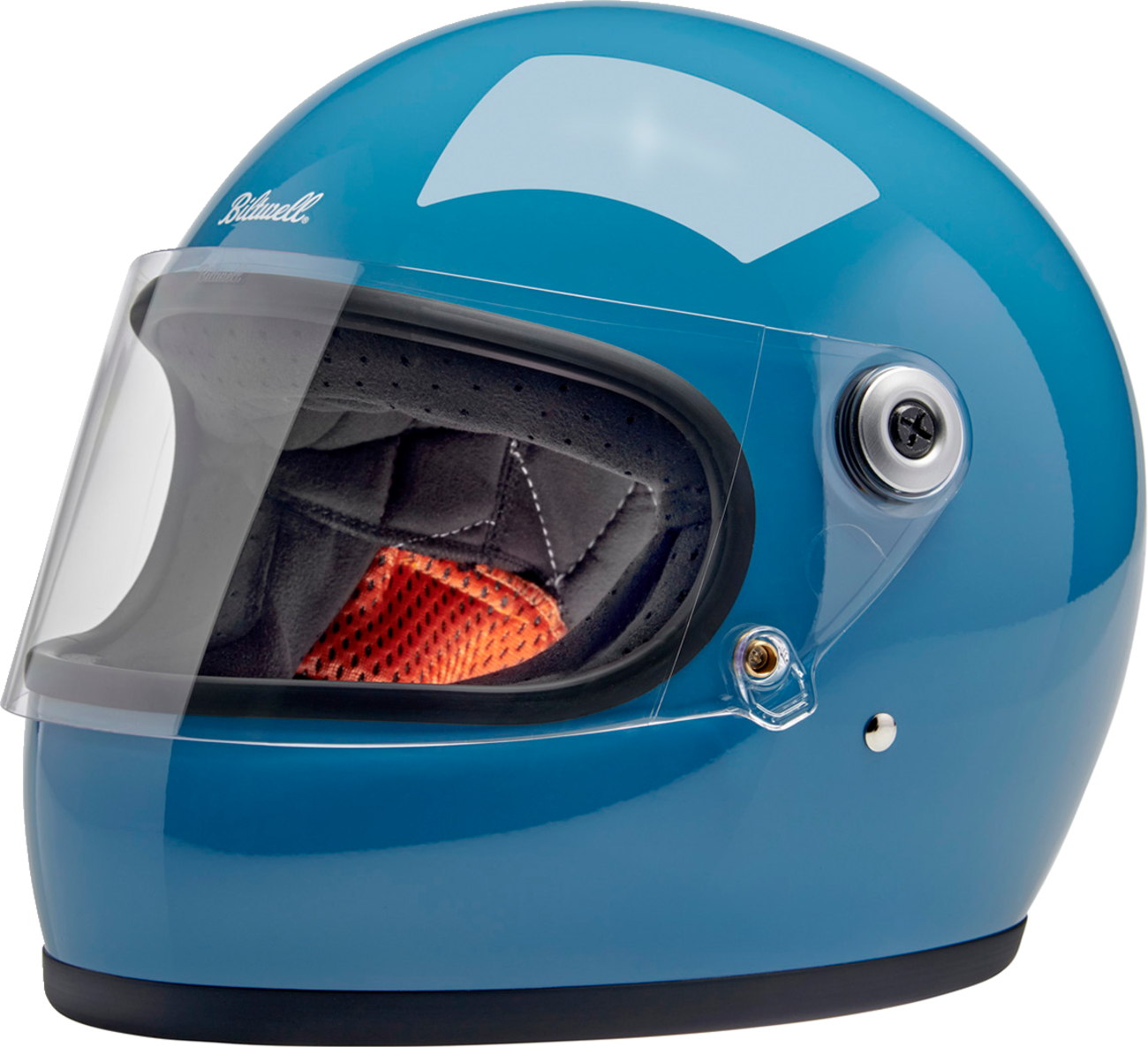 BILTWELL Gringo S helmet in glossy dove blue, size XS, featuring a sleek motorcycle helmet design with vent details.