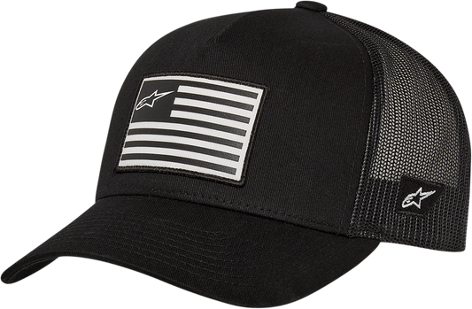Black Alpinstars Flag Snapback Hat with embroidered logo, adjustable one size fits most, stylish and casual headwear.