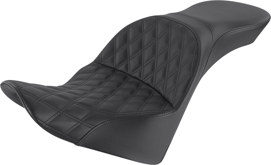 Bill's Exhausts SADDLEMEN Explorer Seat with lattice stitching, motorcycle seat designed for comfort and style.